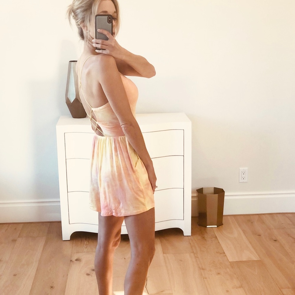 LAST 1! Tie Dye Romper Lace Up Back Yellow Small - Picture 7 of 9